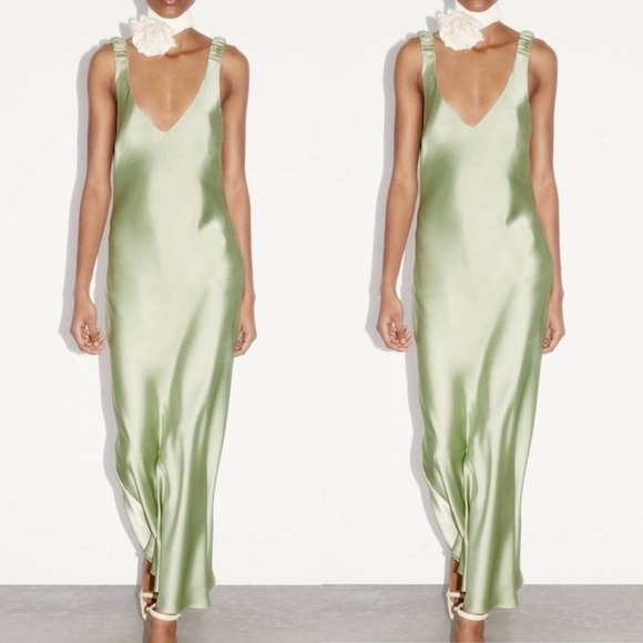 Zara Dresses Zara Sage Satin Rugged Strappy Vneck Maxi Slip Dress